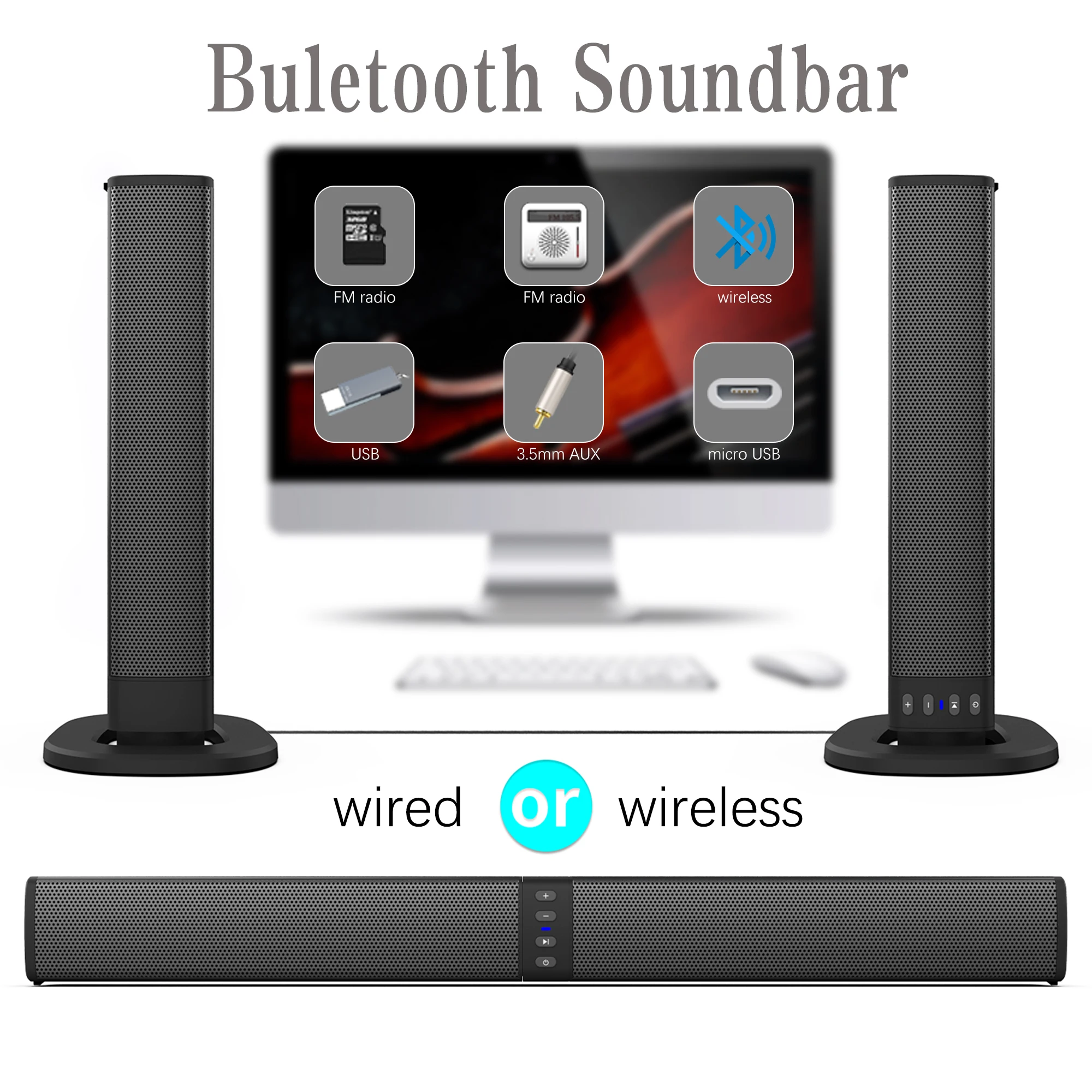 Høj Kvalitet, Super Bass 20W 4 horn Power Wireless Aftageligt Bluetooth-TV Soundbar Højtaler til hjemmebiograf