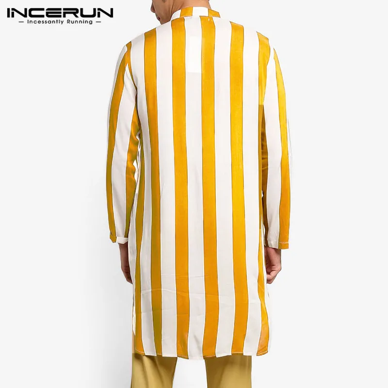 2021 Mænd Stribet Kurtas Lange Skjorter med Lange Ærmer Casual Stå Krave Mode Muslimske Katan Streetwear Herre Indisk Tøj INCERUN