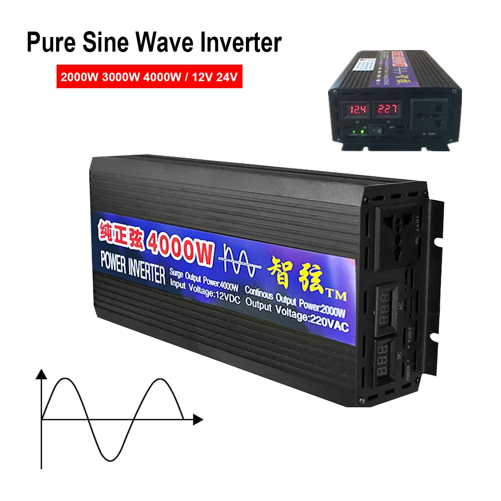 Omformer DC 12V 24V AC 220V Pure Sine Wave Inverter 2000W 3000W 4000W Power Pure Sine Wave Bil Solenergi Inverter