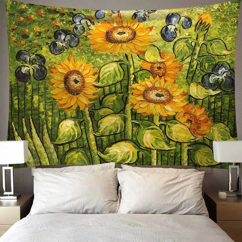 Natur Blomster Van Goghs Solsikker Gobelin Væggen Hænger Soveværelse Baggrund Kunst, Indretning Vægtæpper Klud Tynd Sengetæpper