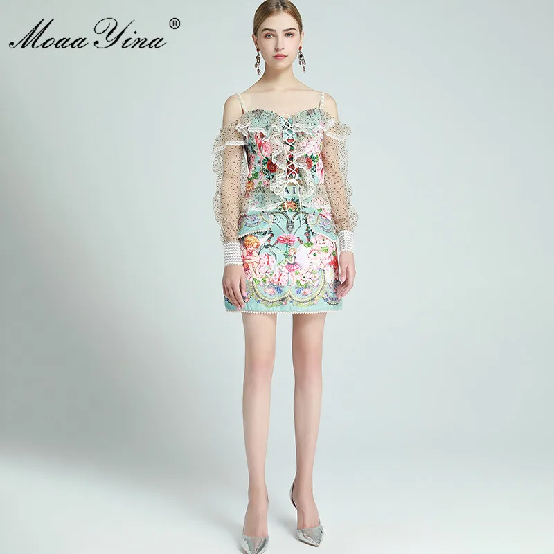 MoaaYina Fashion Designer Sæt Sommeren Kvinder, Off skulder langærmet lace-up Sexet Toppe+Beaded Floral-Print-Skirt To-delt sæt