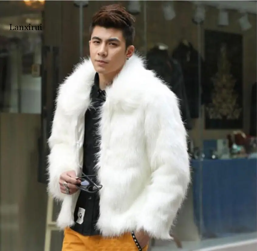 Veste Cuir Homme Jakke i Imiteret Læder Mænd Hvid Sort Mode Frakke Pels Fox Fur Revers Mænds Afslappet Slank Pels Jaqueta Motoqueiro