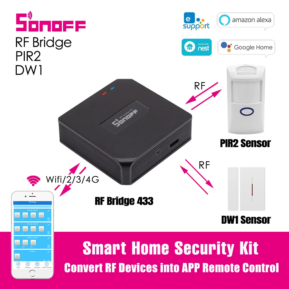 Sonoff RF Bro Smart Home Security Kit 433MHz Wifi Trådløse Signal Converter PIR2/DW1 Dør Vindue Alarm Sensor Home Automation