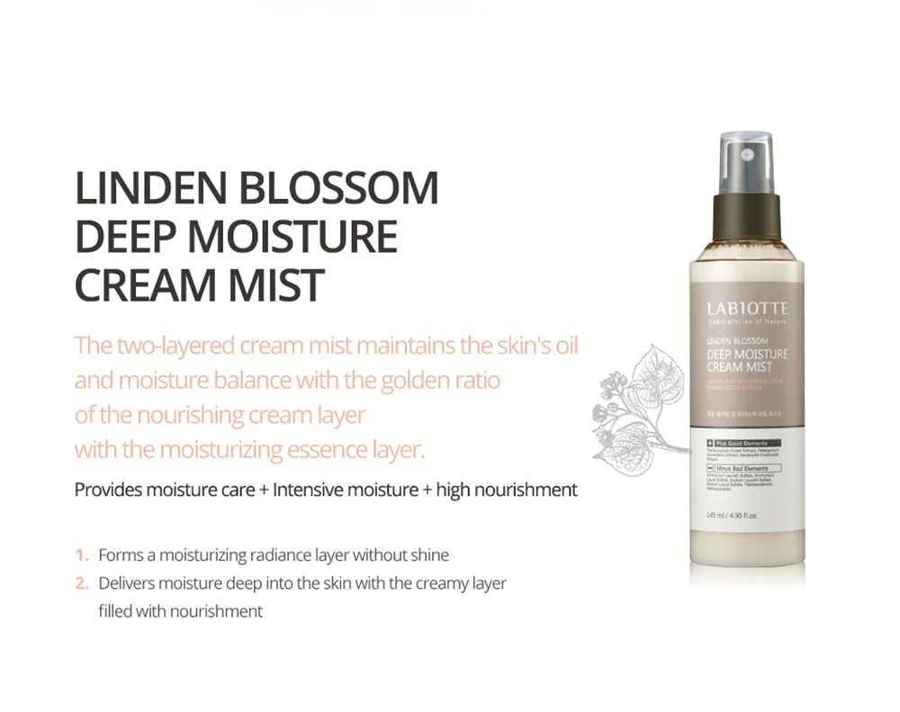 LABIOTTE Linden Blossom Deep Moisture Cream Tåge 145ml Essensen Hyaluronsyre Face Serum Fugtgivende Kridtning Formindske Porer