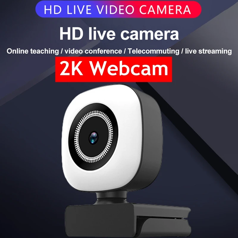 Webcam 2K Full HD 1080P Web-Kamera Mini Webcam Til PC-Computer, Laptop, Video 2K USB-Autofokus LED Selfie Ring Lys med Stativ