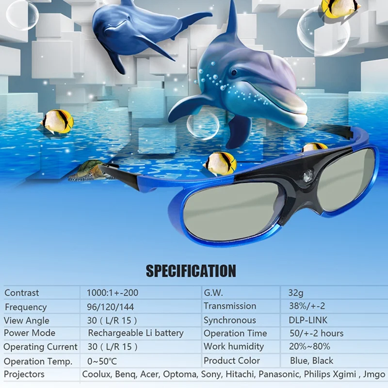 Genopladelige DLP Link 3D-Briller, Aktive Shutter-Briller til Xgimi Z3/Z4/Z6/H1/H2 Nødder G1/P2 BenQ Acer & DLP Projektor LINK