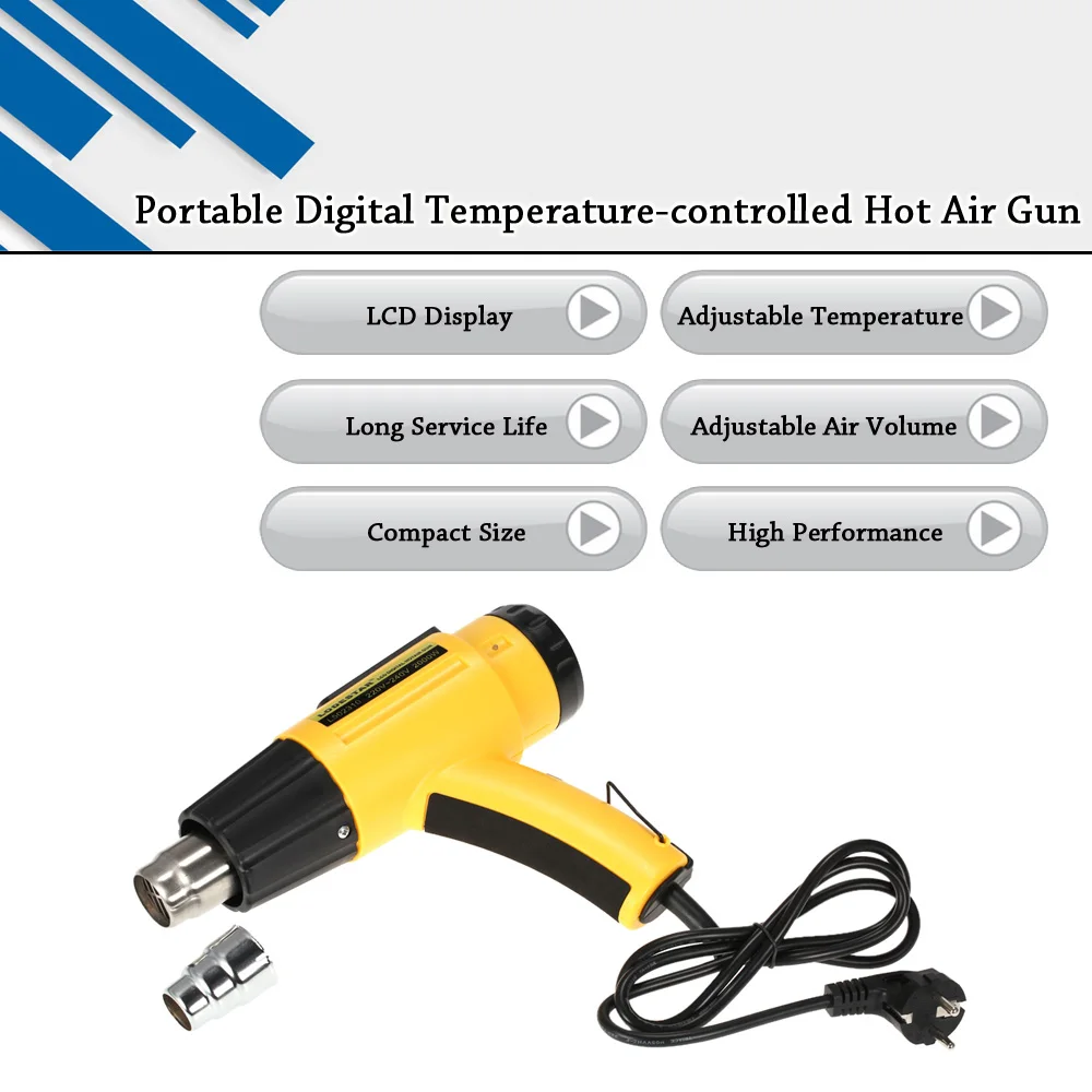 2000W AC220 LEDESTJERNE Digital Elektrisk Varm Luft Pistol Temperatur-kontrolleret Varme SMD IC Kvalitet Svejsning Værktøjer Justerbar + Dyse