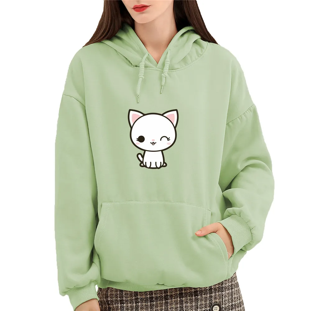Kawaii Kat Print Hooded Cotton Søde Dyr Koreanske Sweatshirts Vinter Dejlige Tegnefilm Jumper Løs Streetwear Hoodie Kvinder Tøj