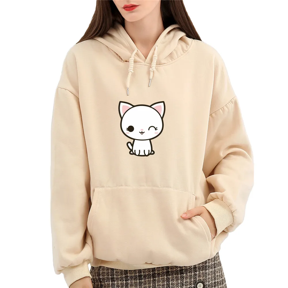 Kawaii Kat Print Hooded Cotton Søde Dyr Koreanske Sweatshirts Vinter Dejlige Tegnefilm Jumper Løs Streetwear Hoodie Kvinder Tøj