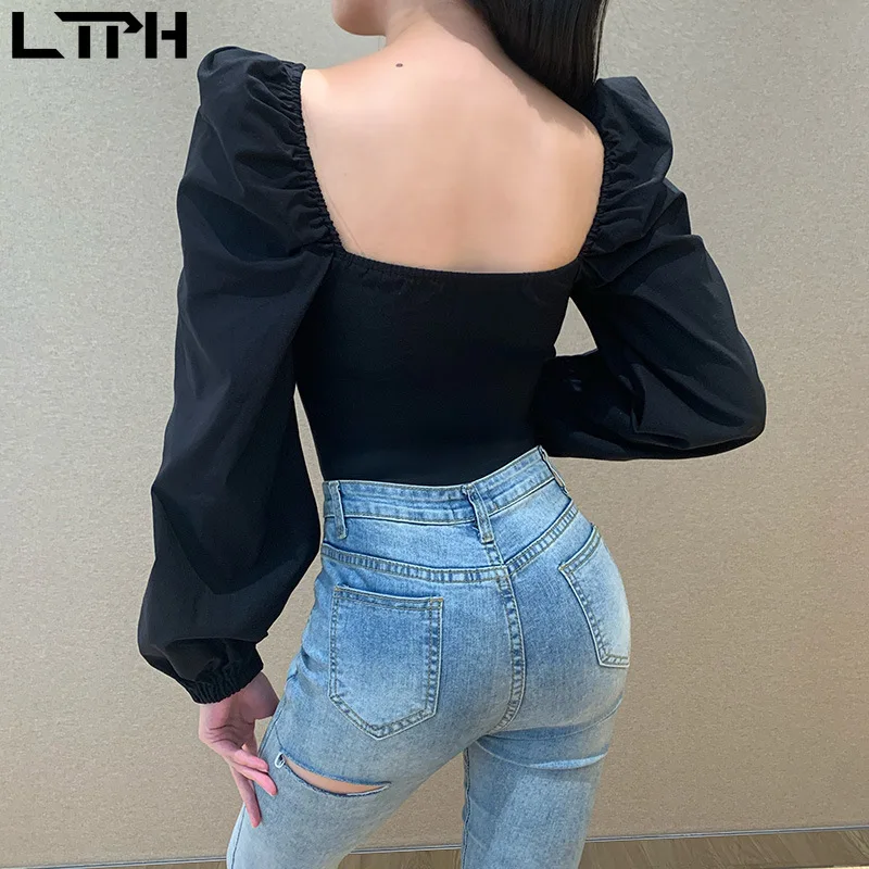 LTPH 2020 Efteråret nye ankomst fransk vintage langærmet bluse kvinder V-hals Folder design Stor Backless Stram, kort trøje toppe