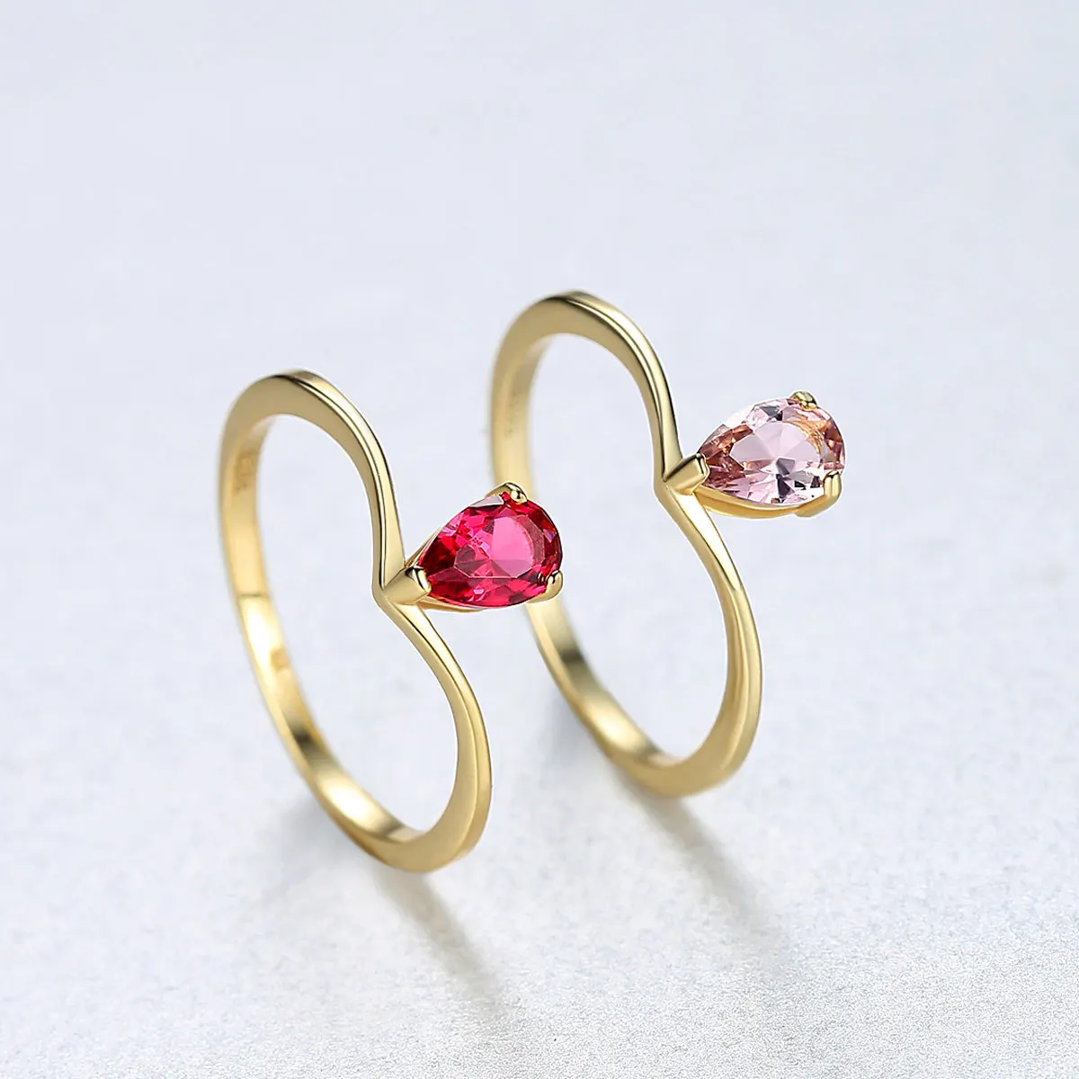 Wong Regn 925 Sterling Sølv Pære Ruby Pink Safir Ædelsten Bryllup Engagement Gult Guld Ring Fine Smykker Engros