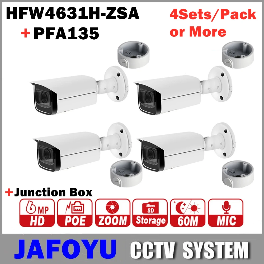 4Sets/Pack eller Mere, Herunder DH IPC-HFW4631H-ZSA 6MP POE Kamera 2.7~13,5 mm VF linse IP-Bullet CCTV Kamera + Junction Box PFA135