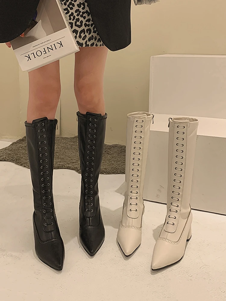 Kvinders sko høje støvler 2020 nye vinter mode afslappet spids tå lynlås kniplinger lang ridder støvler