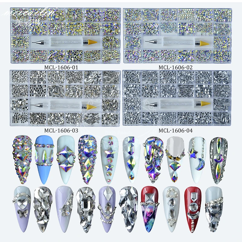 400Pcs/Max 20 Form Glas Krystaller Sten Dekorationer AB Fladskærms Tilbage 3D Blandet Nail Art Rhinsten Sæt Med En Pen