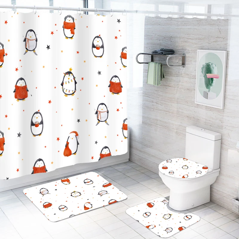 Julens Pingvin Brusebad Gardin Sæt 4 Stykker bademåtte Sæt med Bad Tæppe Toilet Dække gulvmåtte,Vandtæt Badeværelse Gardiner
