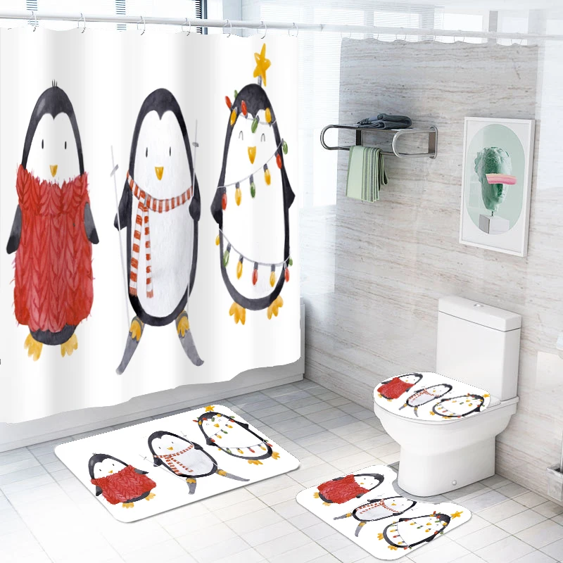 Julens Pingvin Brusebad Gardin Sæt 4 Stykker bademåtte Sæt med Bad Tæppe Toilet Dække gulvmåtte,Vandtæt Badeværelse Gardiner