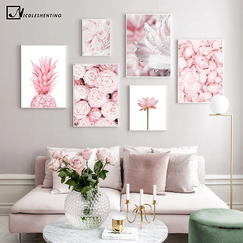 Pink Ananas Rose, Lotus Blomst Væg Plakat Nordiske Botaniske Blomstret Print Skandinaviske Lærred Maleri Moderne Kunst Billede