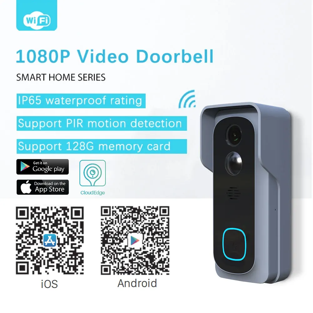 1080P WiFi Video Dørklokke Trådløs Smart Video Intercom CloudEdge APP-Fjernbetjening, To-vejs Tale Home Security Monitor