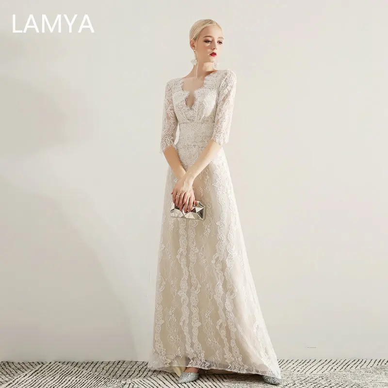 LAMYA Kvinder Elegante Blonder Lang En Line Kjole til Aften i Half Sleeve Prom Party Kjoler Plus Size Backless Aften Kjole Robe De Soiree