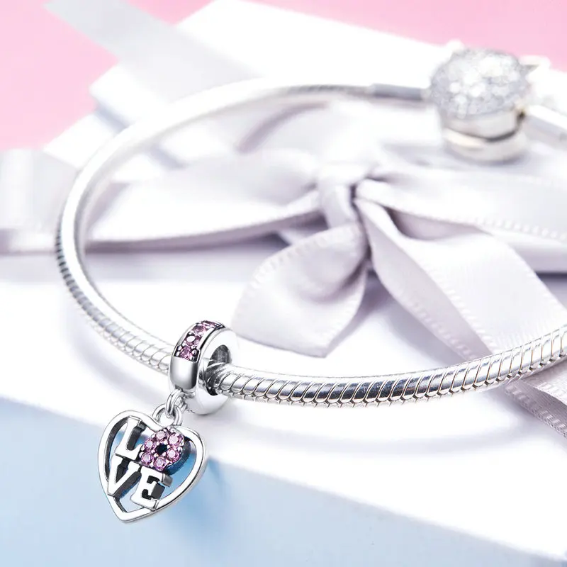 MOWIMO Romantisk 925 Sterling Sølv, Pink Love Heart Charm Perle Passer Oprindelige Sølv Armbånd, Vedhæng S925 Smykker Gave BKC1044