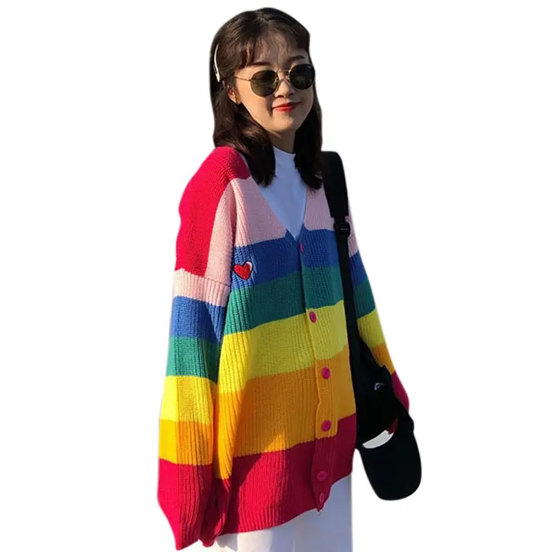 Kvinder Sweater Farverig Regnbue Stribet Sweater Single-Breasted Sød Sweater Casual Fashion Piger Pels