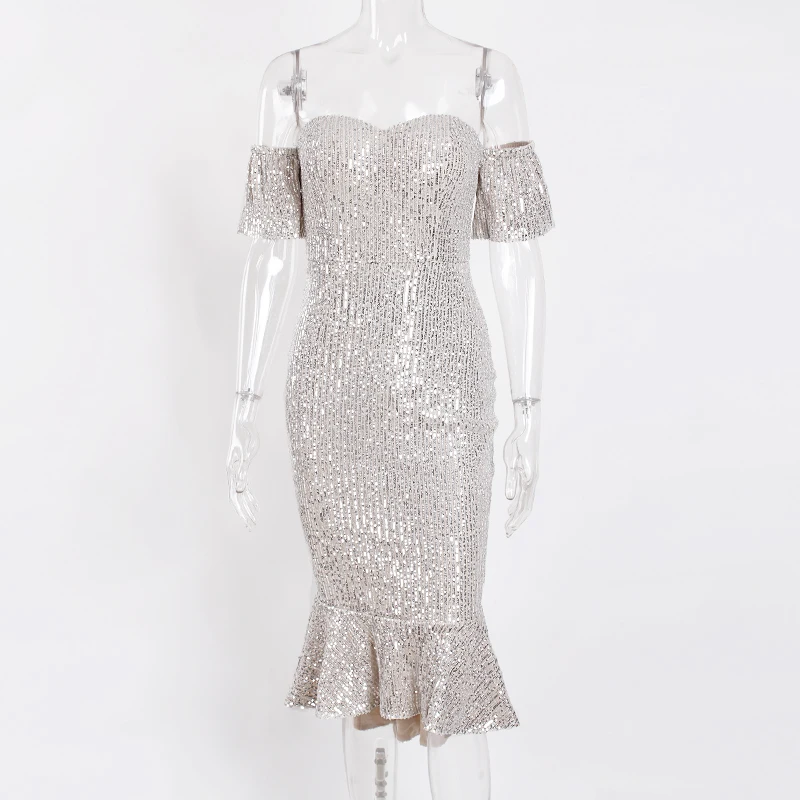 Pjusket silver midi-sequined kjole slash hals fra skulder havfrue night club party dress