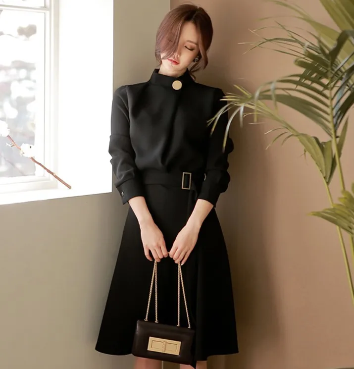 Forår Efterår lange ærmer kontor dame koreansk mode professionelle kjole business tøj med bælte solid vestidos slank outfit