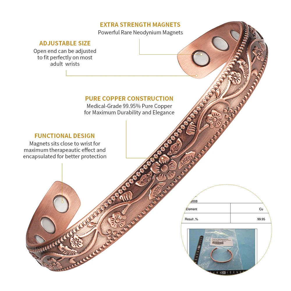 Wollet Smykker Magnetisk Terapi Ren Kobber-Armbånd For Kvinder Plaw Blomst Mønstrede Magneter med 2500 gauss Sundhed, Anti-Gigt