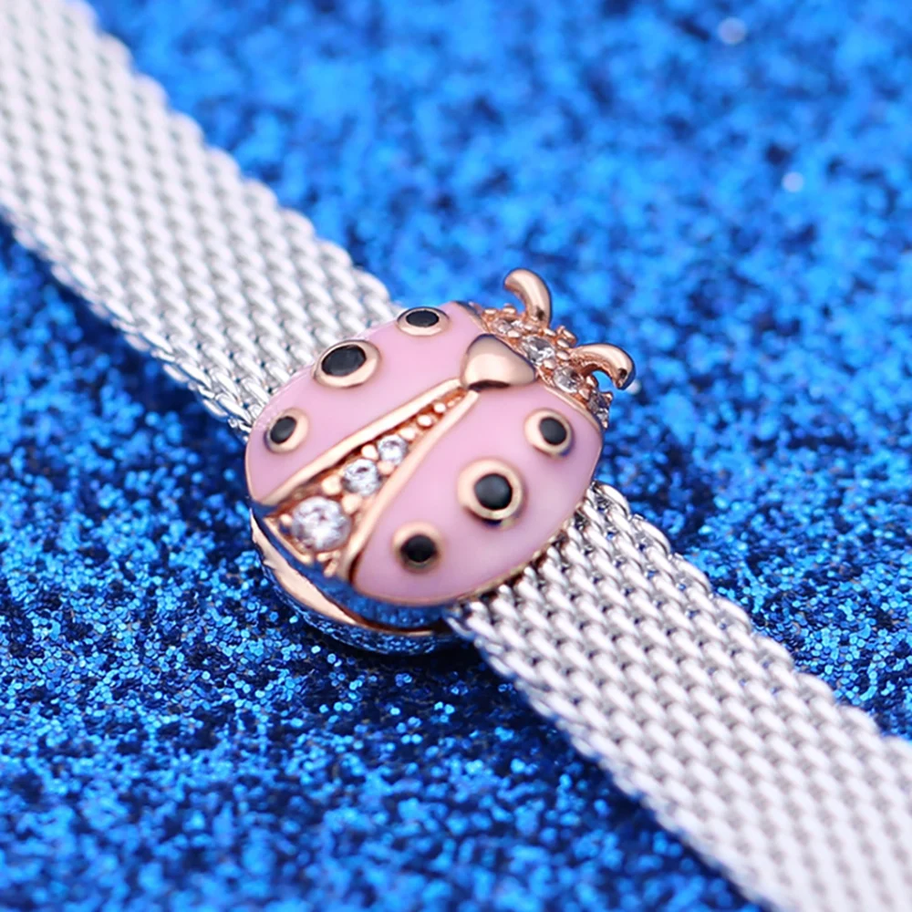Danturn Nye 925 Sterling Sølv Perler Pink Mariehøne Klip Charme passer Oprindelige Reflexion Armbånd til Kvinder smykkefremstilling Gave