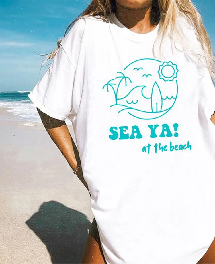 Kvinder er Sommer T-shirt 2020 Korte Ærmer Boho O-hals Trykt T-shirts Oversize Løs Pullover Mid-længde Stranden Kvindelige T-shirt