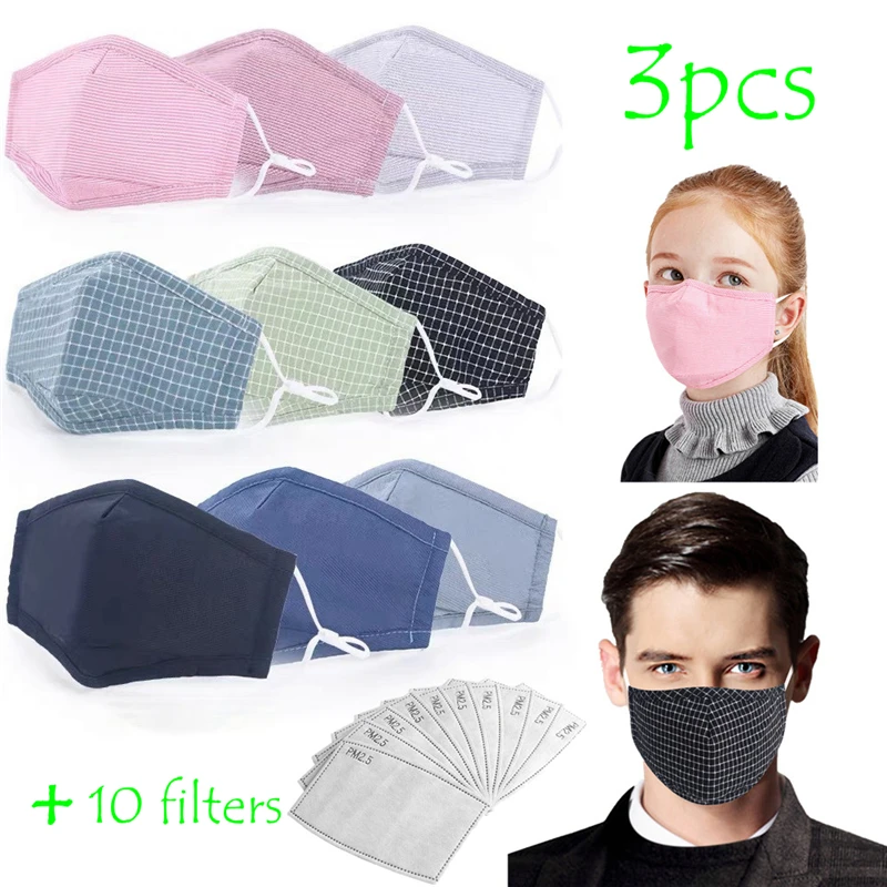 3Pcs Voksen Vaskbar Bomuld Masker Kids Søde Klud Genanvendelige Farvet Ansigt Munden Maske Med 10pcs PM2.5 Activated Carbon Filter Papir