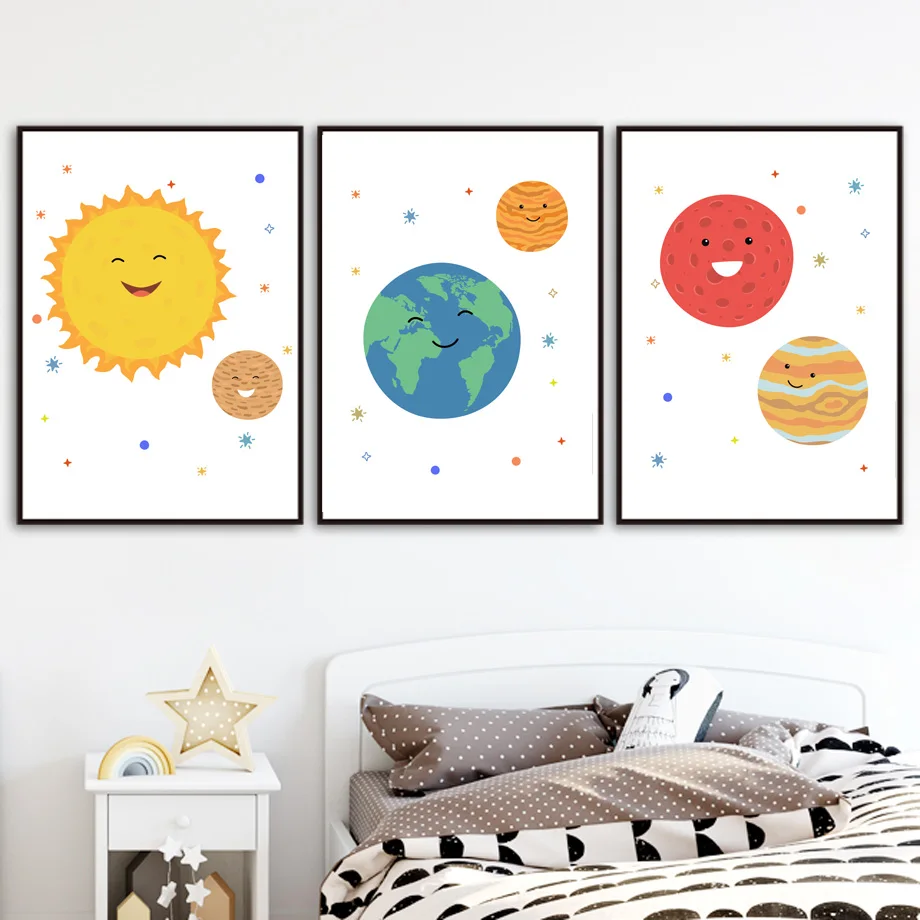 Tegnefilm Planet Astronaut Raket Solen, jorden, mars Væg Kunst, Lærred Maleri Nordiske Plakater Og Prints Væg Billeder Kids Room Decor