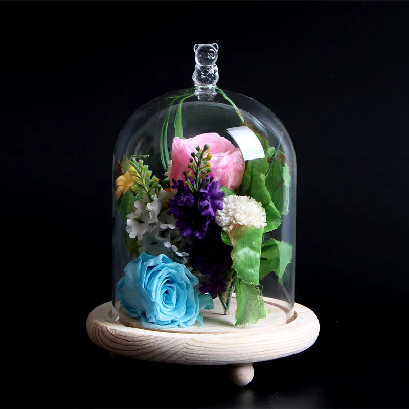 Diameter=9cm Forskellige Top Glas Kuppel Vase med Log Base Hjem Bryllup Dekoration Fugl Crown Hjertet Glas Kuppel Ven Gave