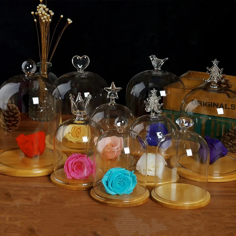 Diameter=9cm Forskellige Top Glas Kuppel Vase med Log Base Hjem Bryllup Dekoration Fugl Crown Hjertet Glas Kuppel Ven Gave