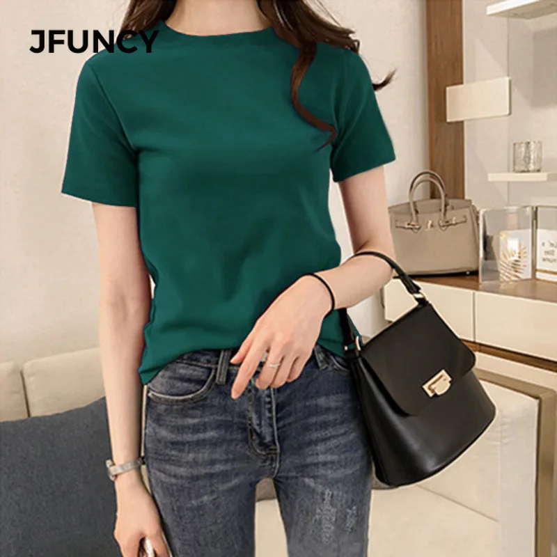 JFUNCY Mode Solid Farve koreanske Slim Fit Kvinder T-Shirt 2020 Sommeren Kvinde Toppe Kort Ærme Løs T-shirt Kvindelige Grundlæggende Tee