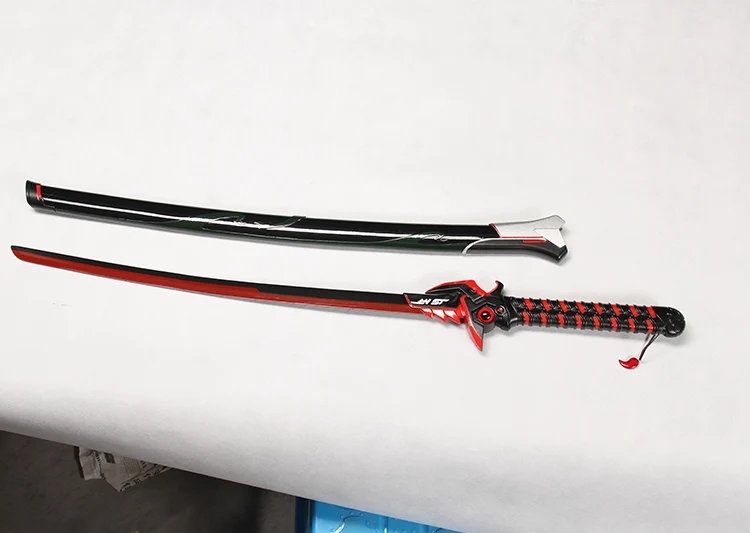 For spil OW Genji sværd Anime cosplay sværd carbon stål røde klinge samurai-katana rekvisitter, Ingen skarpe klar til levering/
