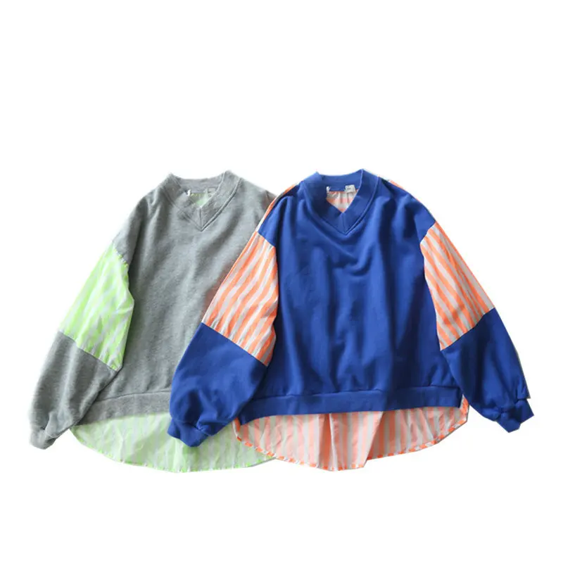 Mode koreansk Stil Sweatshirts til Piger Bomuld Splejse Design Sweatshirt Toppe Nye Efteråret V-Hals Løs Sweatshirts til Børn