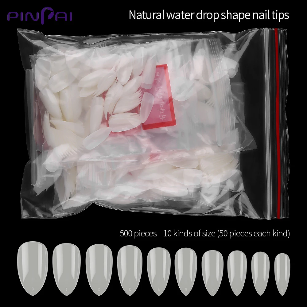 Pinpai 500 Stk/Pose Lang Mandel Form Fuld Dækning af Falsk Negl 10 Størrelsen Blandet Falske Akryl Nail Tips Salon DIY Manicure Nail Art Værktøj