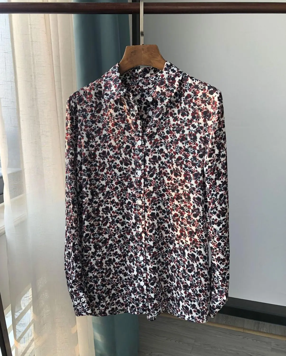 Mærke Mode Kvinder High Luksus Efteråret Vintage Print Rige Blomster Glat Cupro Langærmet Skjorte Bluse