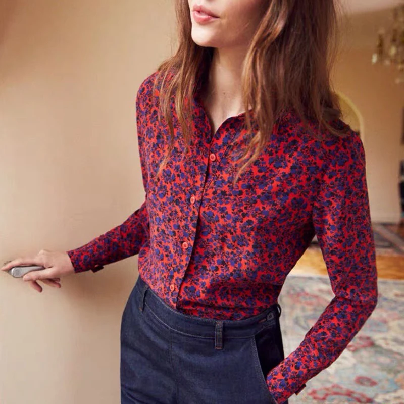 Mærke Mode Kvinder High Luksus Efteråret Vintage Print Rige Blomster Glat Cupro Langærmet Skjorte Bluse