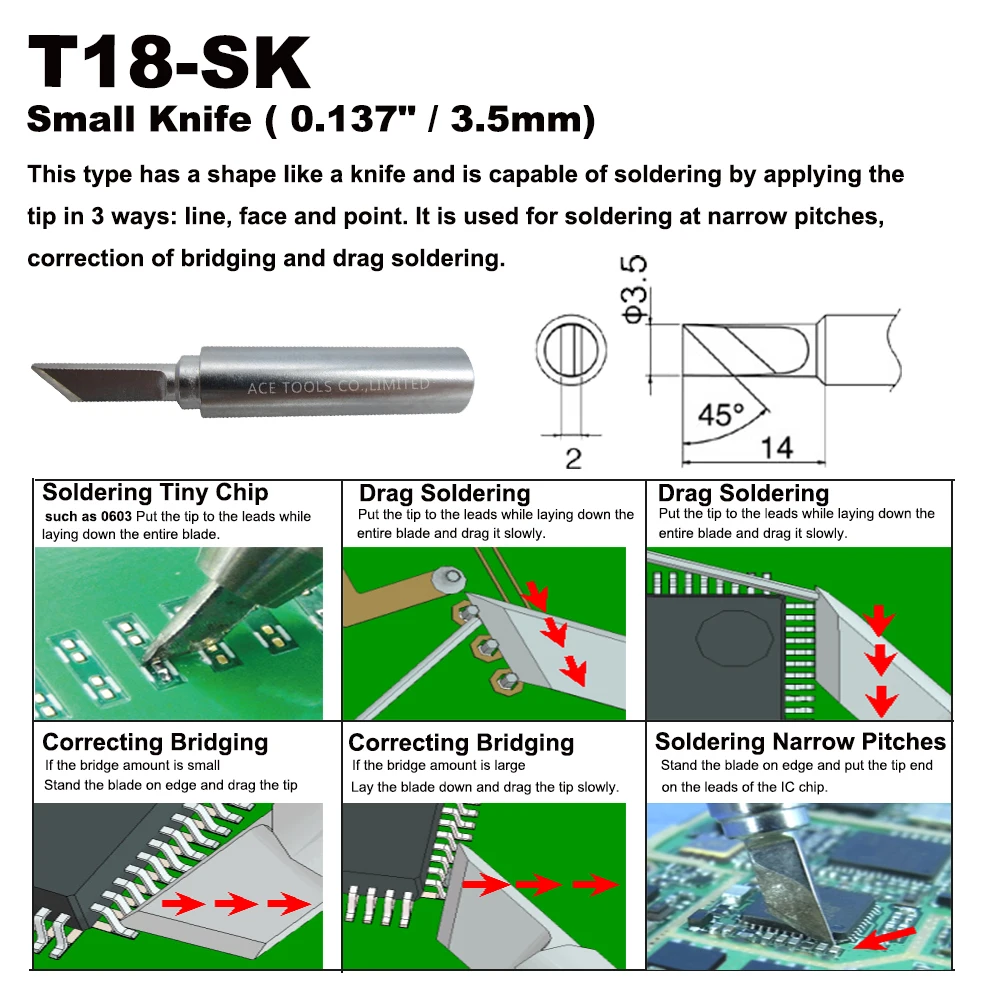 Lodning Tip T18-SK Lille Kniv, 3,5 mm Passer HAKKO FX-888 FX-888D FX-8801 FX-600 blyfri Strygejern Smule Dyse Svejsning Håndtere Blyant