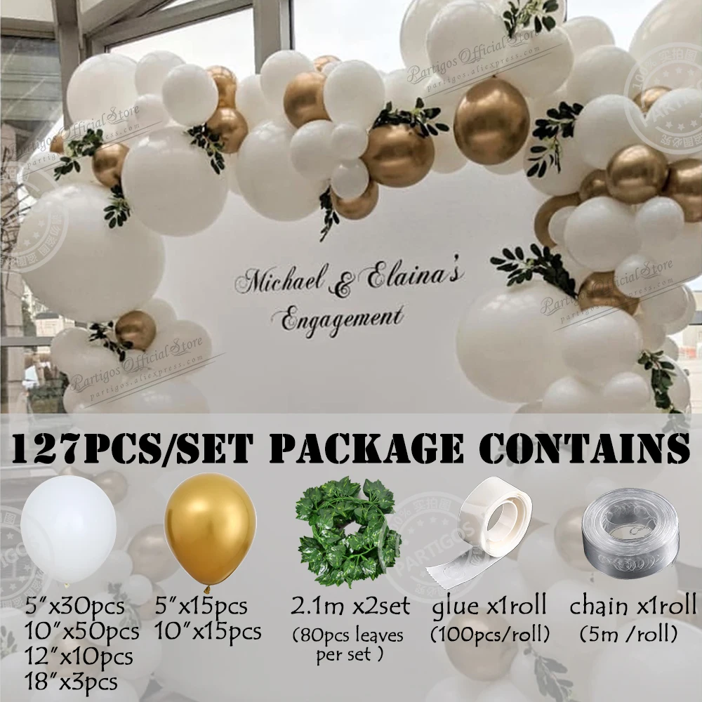 127Pcs Hvid Guld Latex Balloner Guirlande-Kit Kæde Bryllup Part Dekorationer Engagement Forsyninger Metal Krom Guld Globos Helium