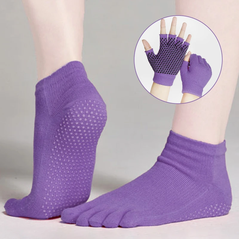 4stk Yoga-Sokker og Handsker Sæt Full-Toes Non-Slip Greb Sokker Yoga Handsker til Kvinder Barre Pilates Dans Motion Sok & Handske