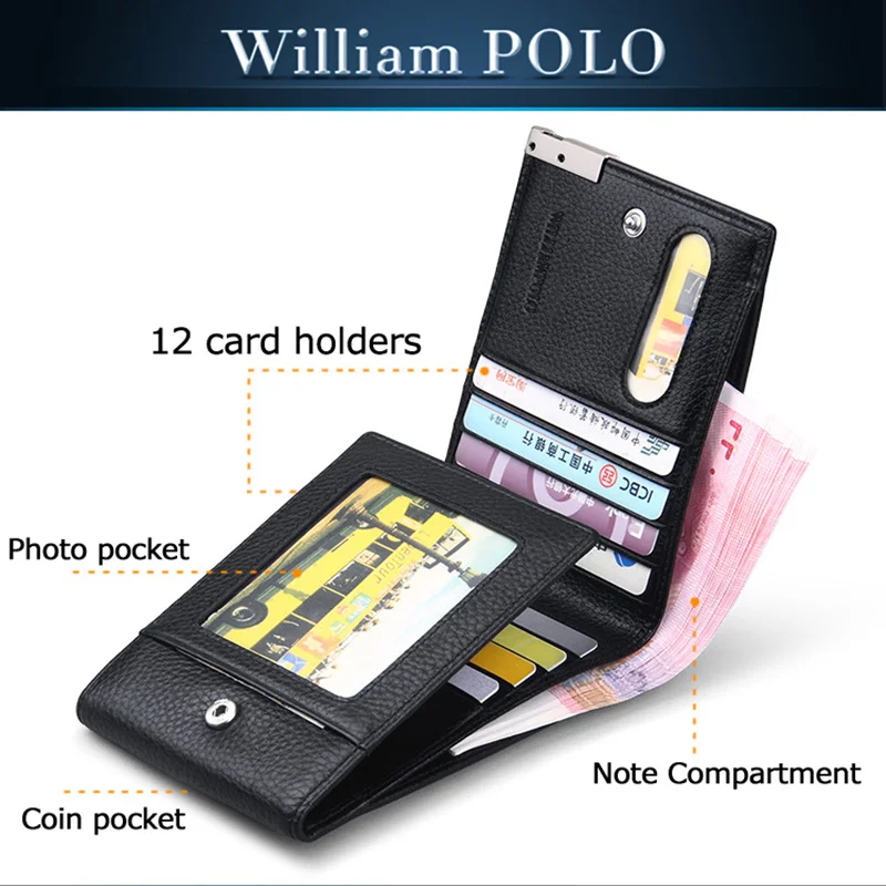 WILLIAMPOLO Trifold-Wallet-Sammenklappelig Kort Mænds Pung i Ægte Læder Pung Sort Brun Coin Pocket Card Holder Mode 3 Folder