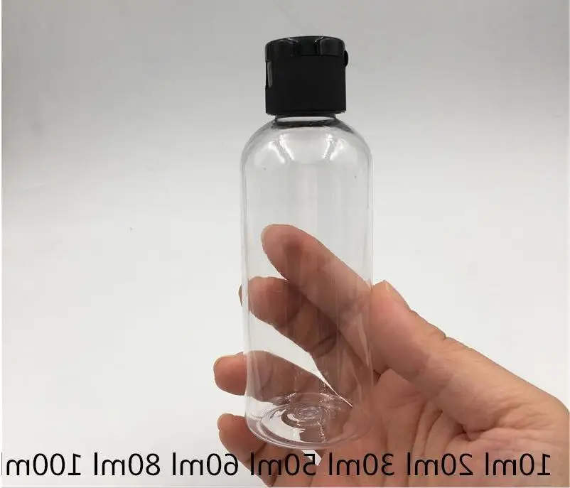 50 stk Gratis Fragt 10 50 80 100 ml Gennemsigtig Klar Plast parfume flaske sort Flip-top låg dækker Kosmetiske Containere