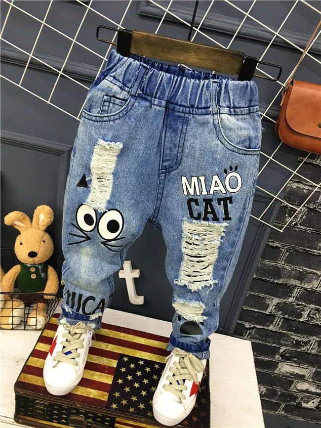 Ny 2020-Baby Drenge Jeans Mode Rippet Bukser Foråret Efteråret Børn I Bukser, Drenge Casual Bukser Tegneserie Kat Jeans Til Børn