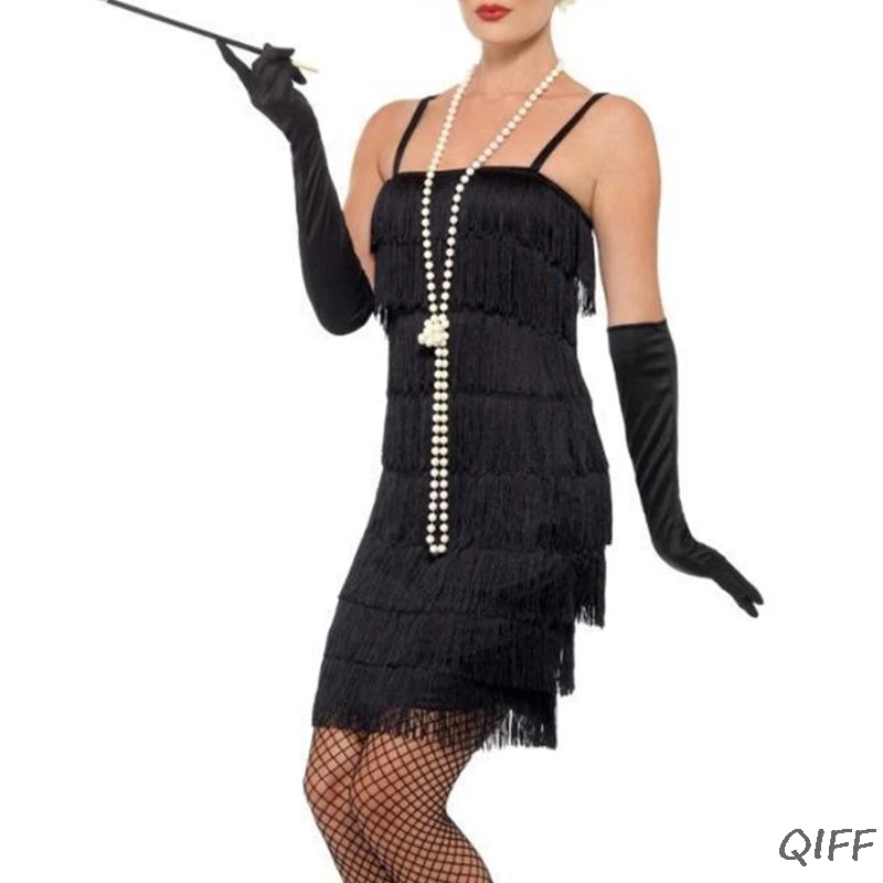 1920'ernes Charleston Flapper Girl Kostume Sæt Fancy Kjole Efterligning Pearl Perle Halskæde Lange Sorte Handsker Cigaret Holder til Kvinder