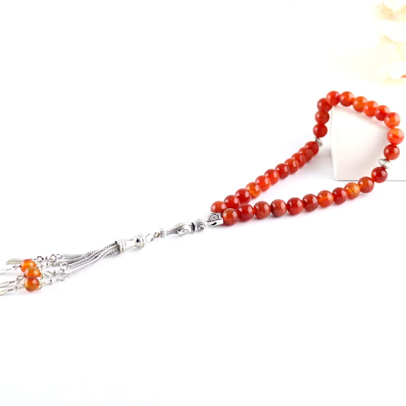 Muslimske armbånd 33 perler i agat sten tasbih runde dekorative perler Islamiske rosenkrans røde smykker, armbånd kvast misbaha kvinde gave