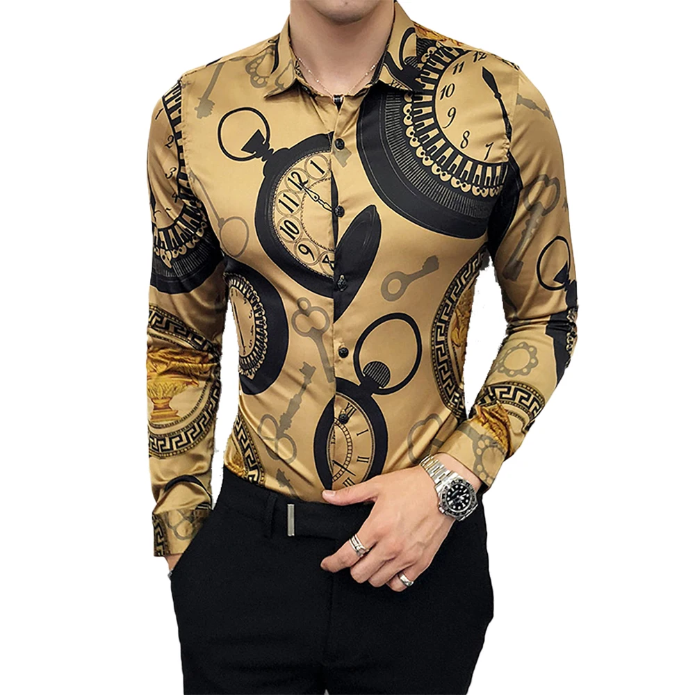 Casual Bluse Homme Barok Banket Shirt Paisley Sort Guld Mænd Shirt Luksus Koreanske Herre Langærmet Shirts Print Slim Fit Mænd