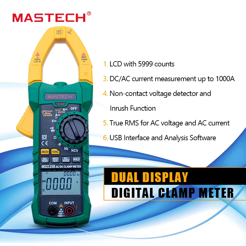 MASTECH MS2115B aktuelle Digitale clamp meter AC/DC strøm spænding 6000 Tæller NCV trms USB-clamp meter mulitimeter tester 1000A